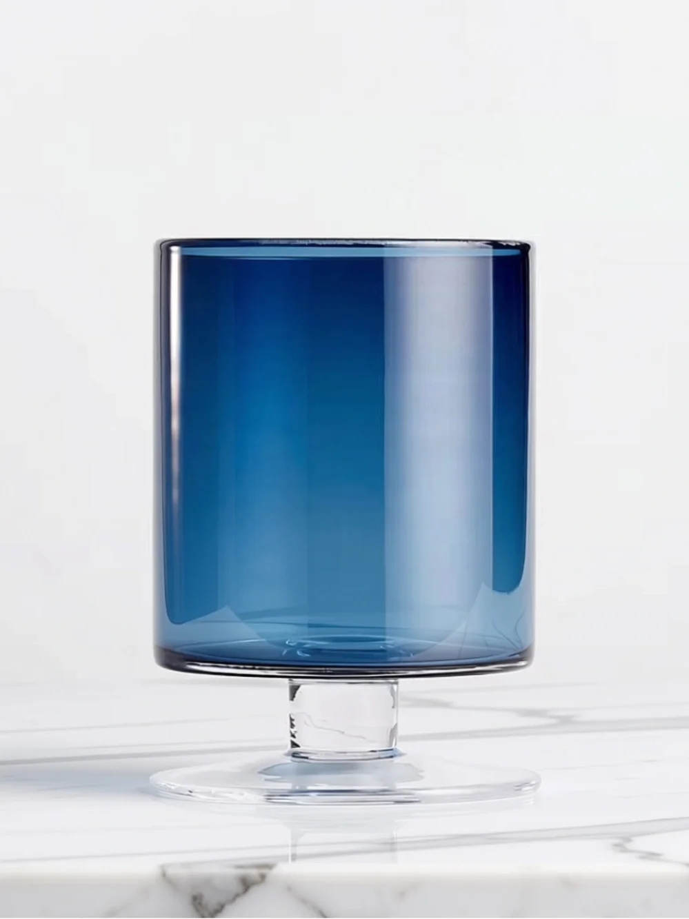 Crate & Barrel Blue Glass Pedestal Hurricane Set